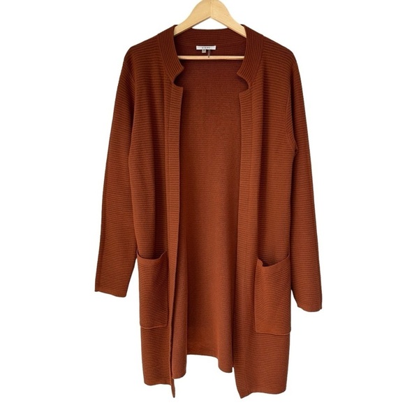 Sioni Burnt Orange Ribbed Open Front Long Cardigan Sweater, Medium - Picture 1 of 8